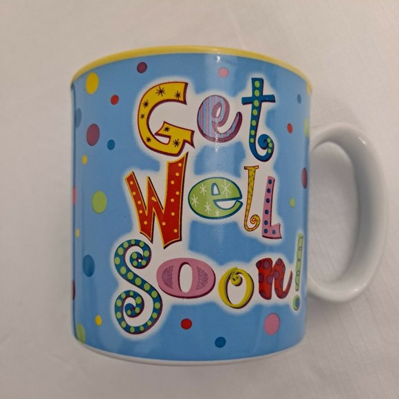 Get Well Soon We'll Wishes Blue Yellow Polka Dot Novelty Coffee Mug Cup - Picture 2 of 7